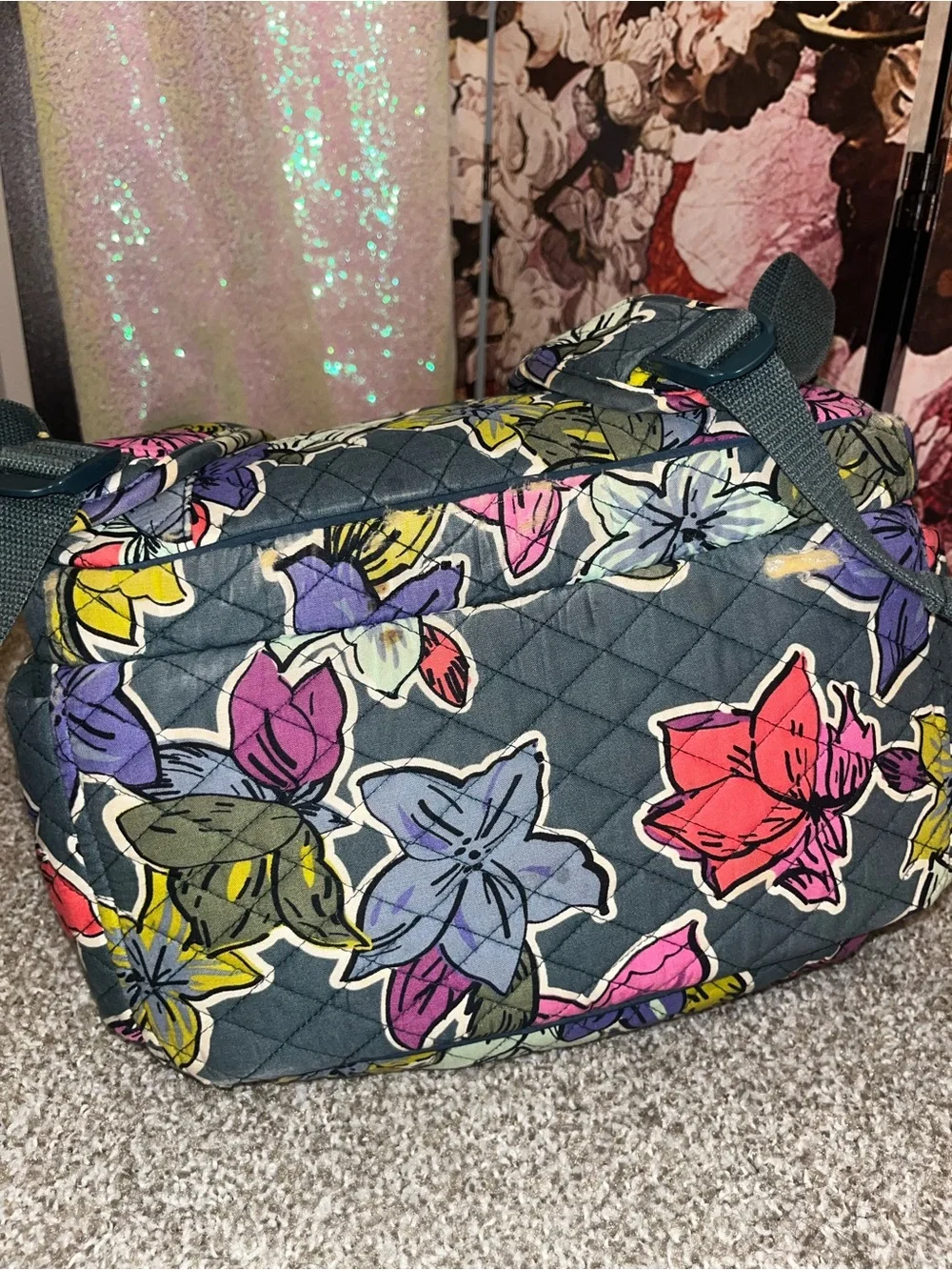 Vera Bradly Quilted Floral Backpack - Gray with Pink, Yellow & Purple Flowers